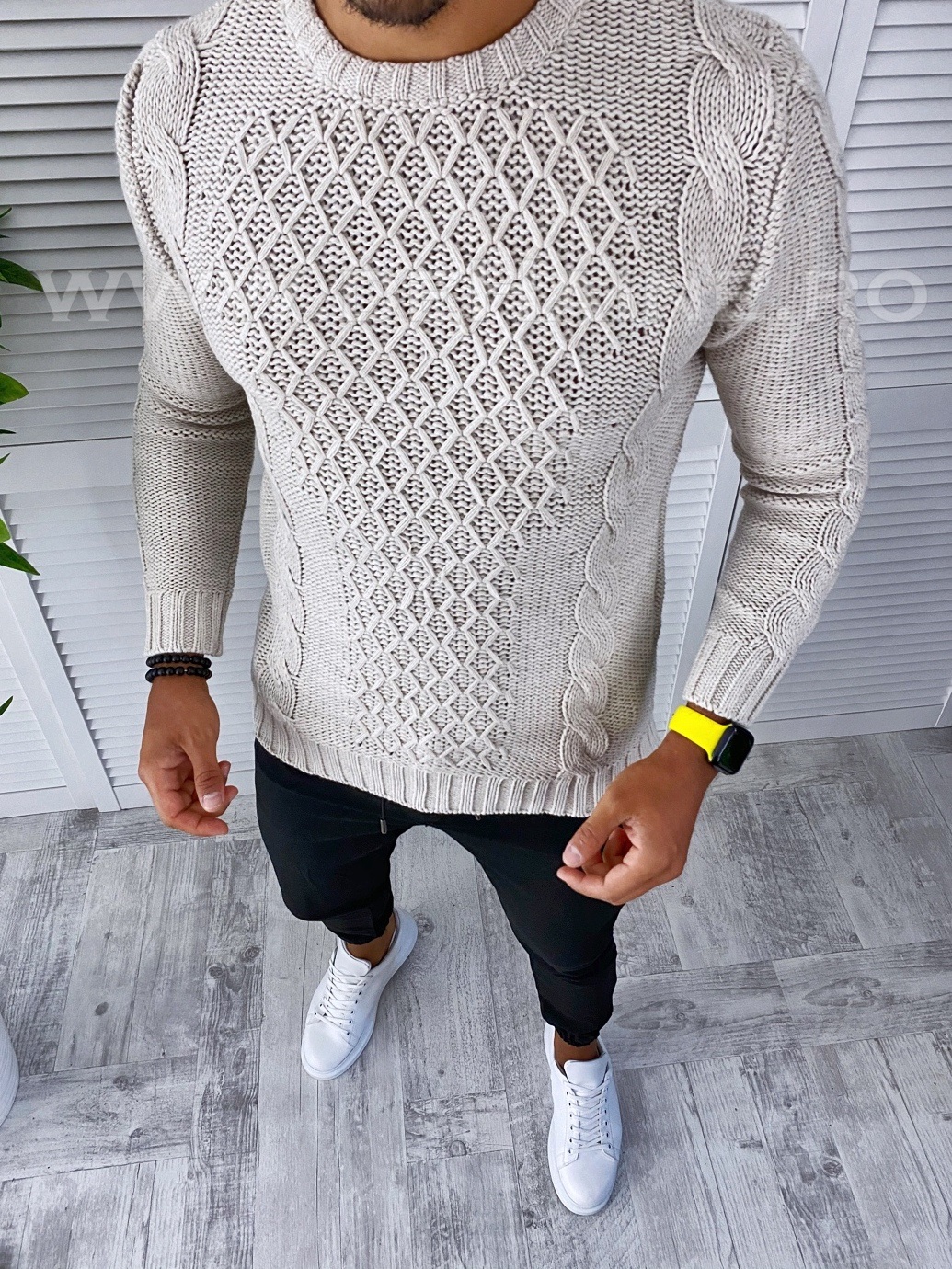 Pulover barbati gros bej slim fit t3631 n5-4